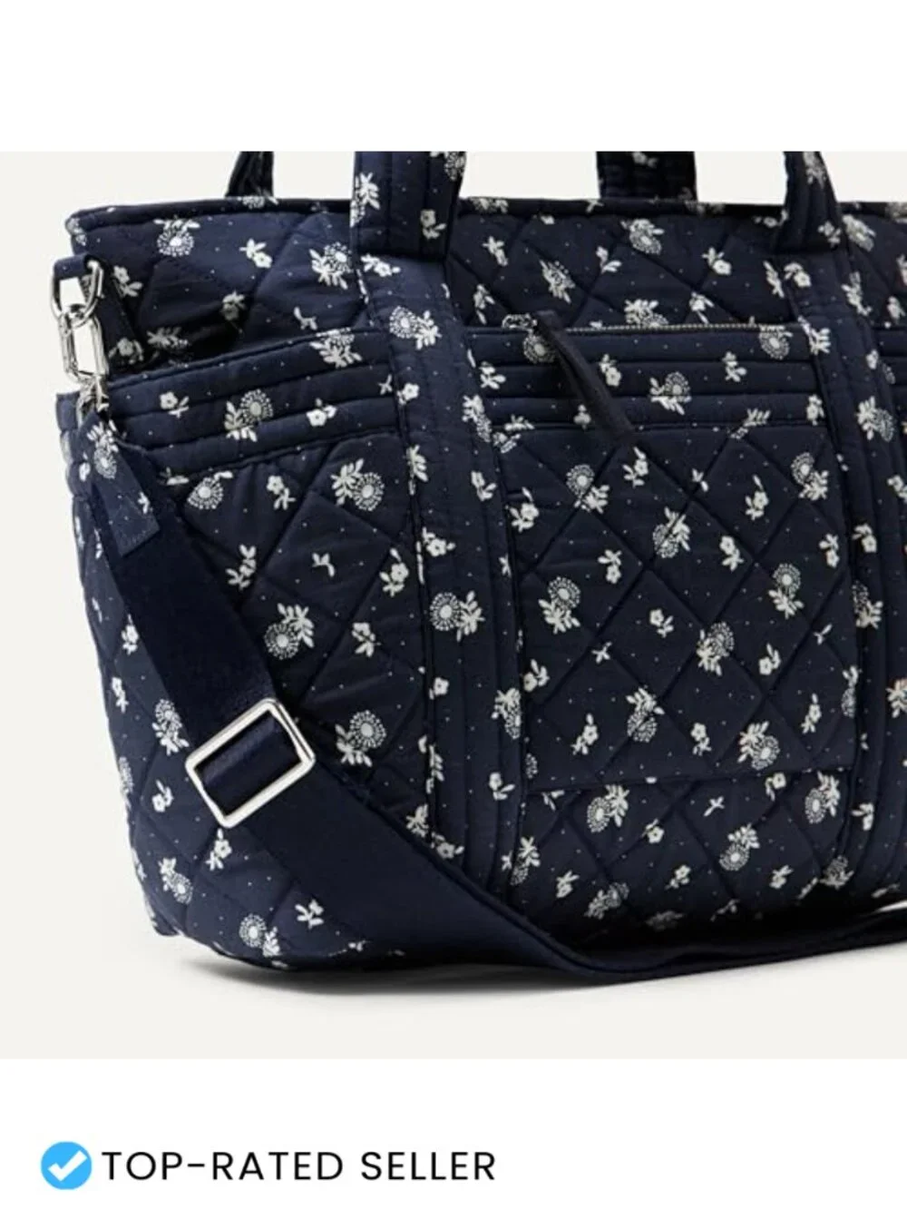 Quilted Cotton Tote Handbag with Padded Handles and Detachable Strap